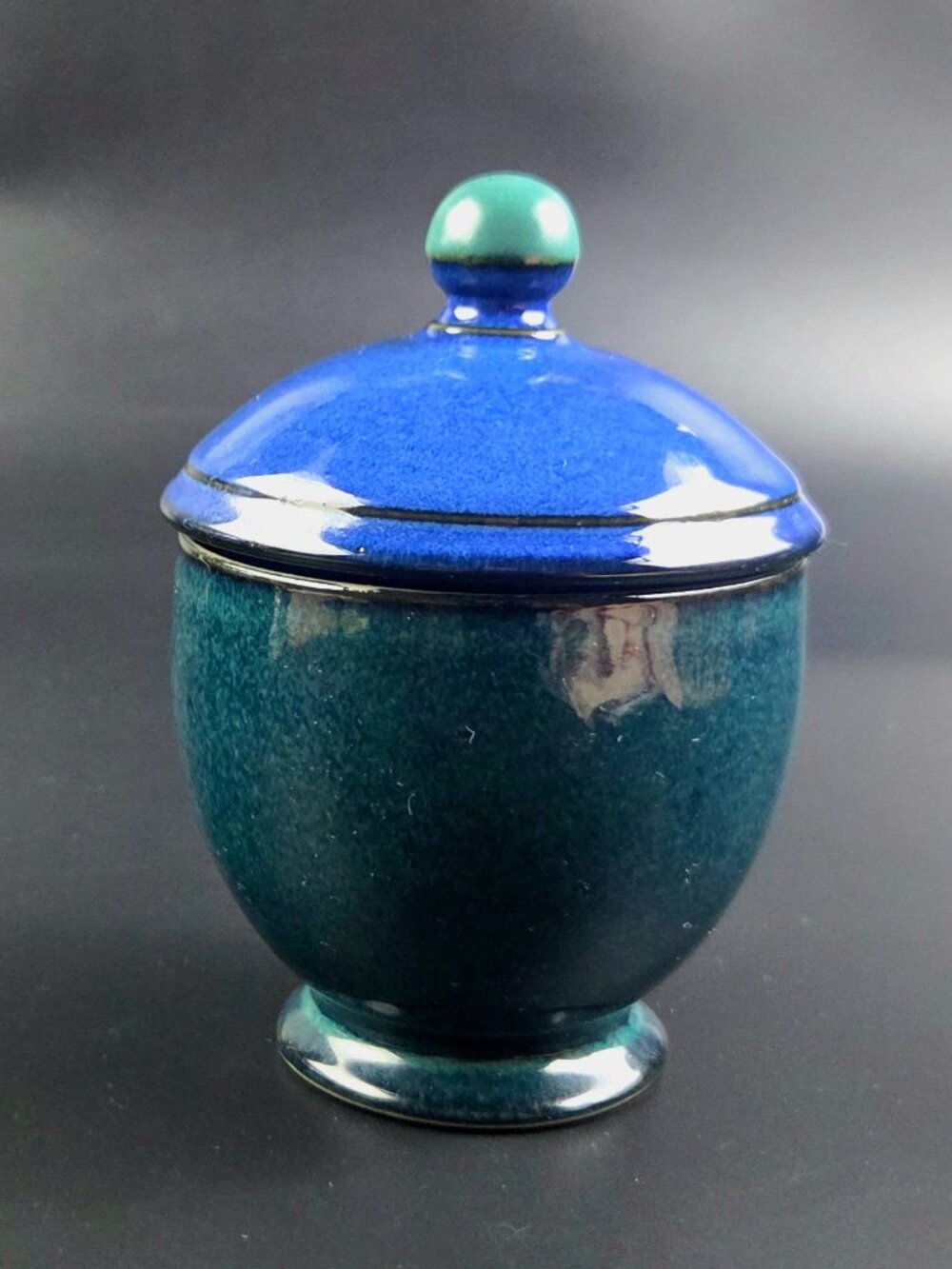 Vintage Denby-Langley Metz Sugar Bowl with Lid – Blue Green – Made in England